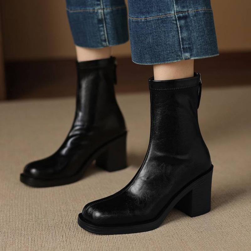 Autumn and Winter Women's High-heeled Leather Boots Solid Color Rubber Sole Versatile Martin Boots Rear Zipper Square Heel Elastic Medium Boots Women