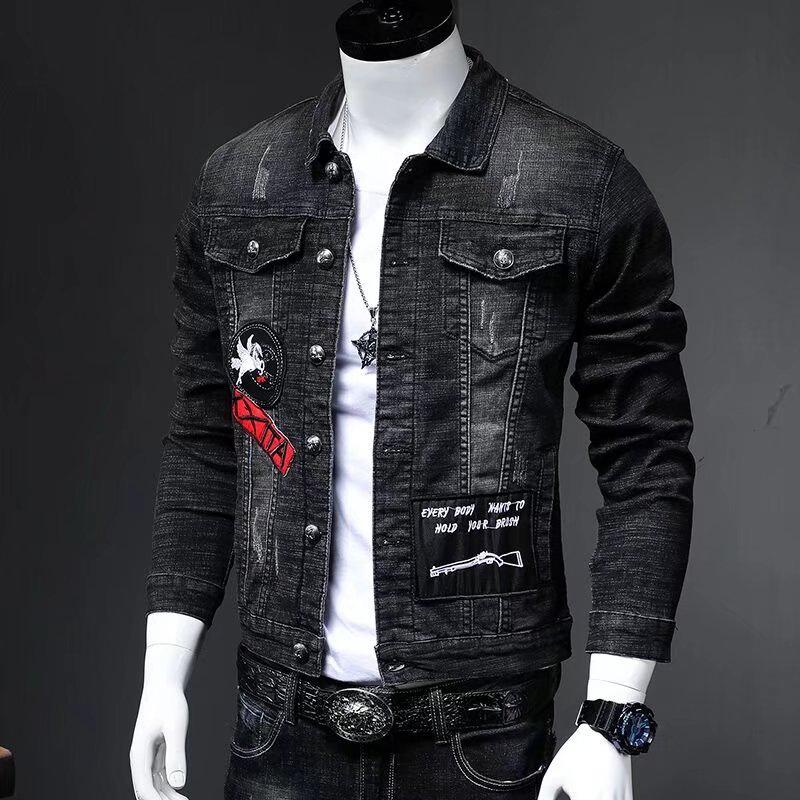 Men's European Retro Slim Stretch Denim Jacket - 2022 Spring/Autumn Trend, Embroidered Design