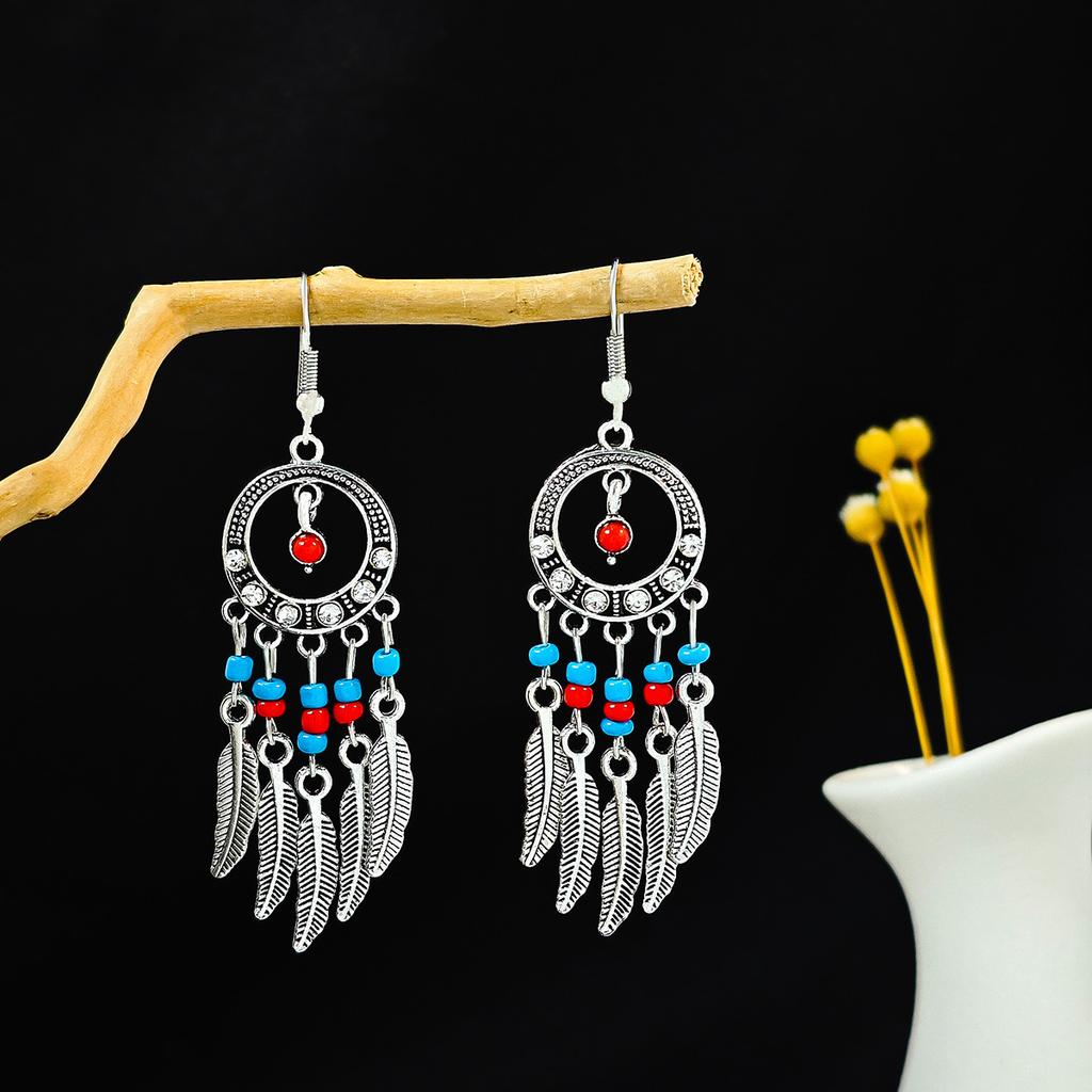 Retro Round Hollow Ethnic Style Earrings, Bohemian Style Tourist Attractions, Turquoise Fringed Earrings For Women