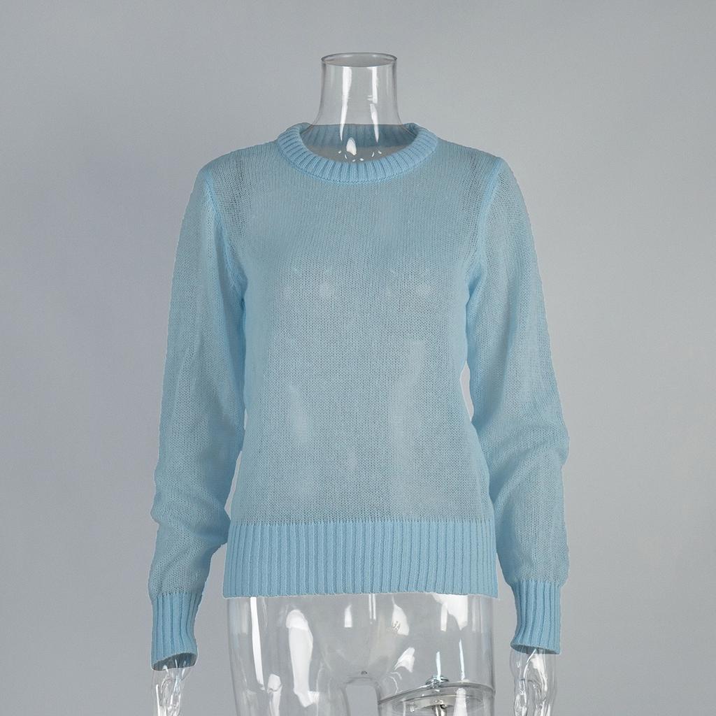 Women's Mohair Round Neck Pullover Sweater Spring Summer Semi-sheer Comfortable Knit Base Top