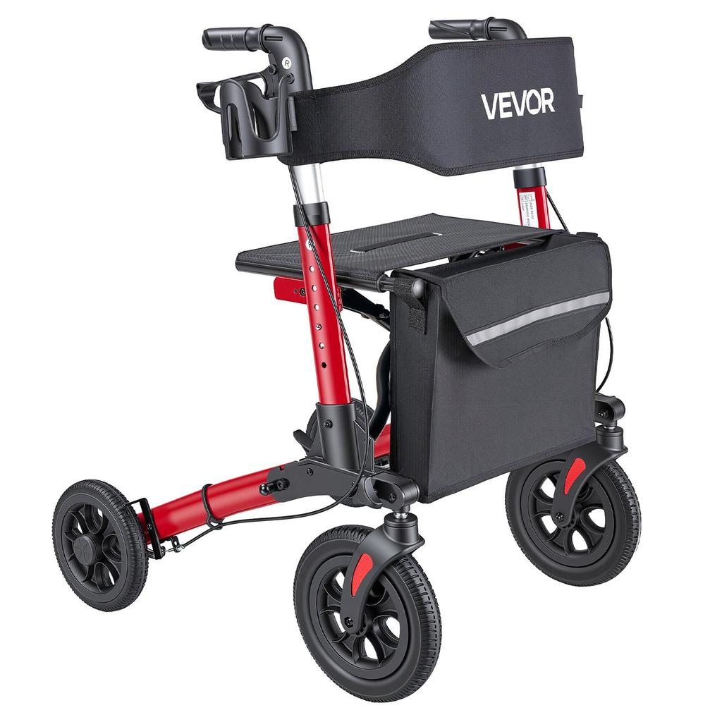 Rollator Walker with Seat for Seniors, Ultra Compact 3-Fold Rolling Walker, Lightweight Aluminum Mobility Walking Aid with PU Solid Wheels, Adjustable