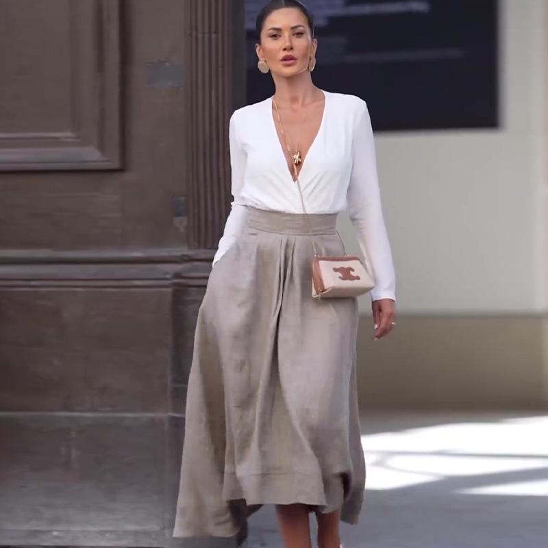 2024 Autumn European & American Solid Color Slimming Low-Cut Top & High-Waisted Skirt Set