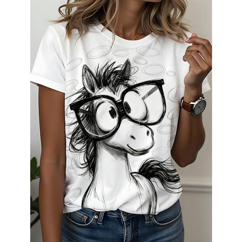 

European sizes Women s 100% Polyester Cute Cartoon Pony with Glasses T-Shirt - Casual Short Sleeve Round Neck Blouse 4XL