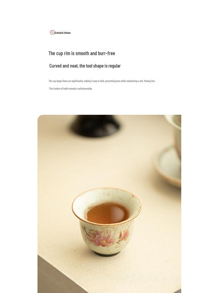 Chinese Style Blue & White Tea Cup with Red Magnolia Bird Design - Small, Anti-Scald Ceramic for Home Use