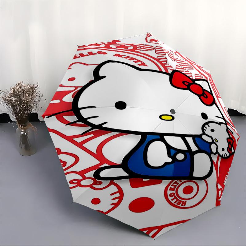 1 Stück Hello Kitty, Rot und Weiß, Automatisches Öffnen/Schließen, 8-Speichen Langlebiges Gestell Kompakter Reise-Regenschirm für Damen und Herren S1222055