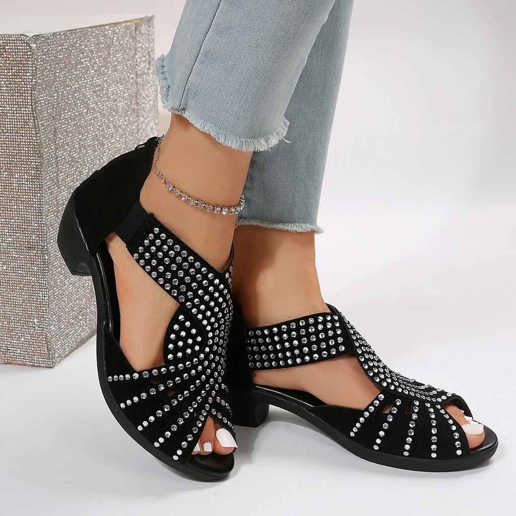 Fashion European and American fish mouth high-heeled sandals for women's summer new cross rhinestone back zipper Roman sandals
