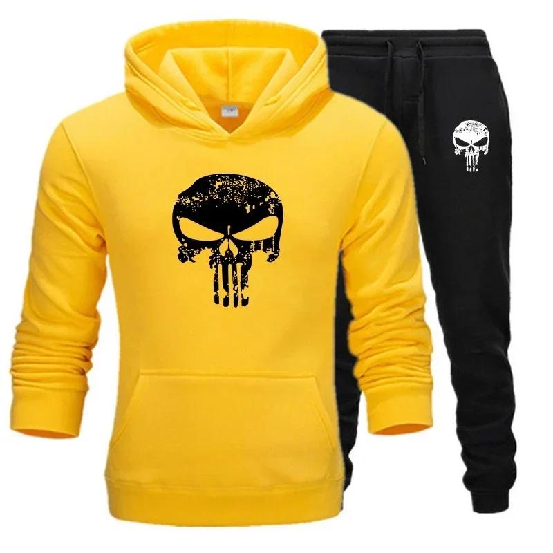 Worn-skull Men Hoodie & Jogger Set Front Vintage Scratched Skull Chest Print, Slim Bone Mark on Trousers, Thick Fleece Outfit for Outdoor Day Trips