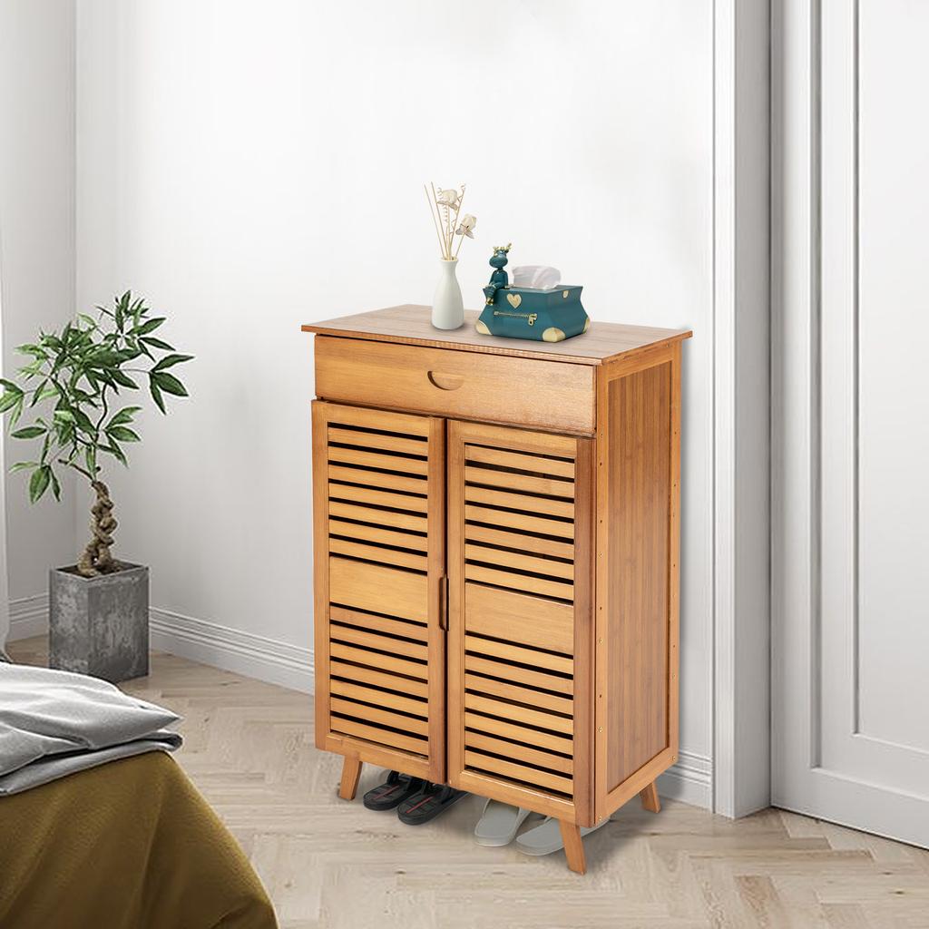 Bamboo Shoe Cabinet W/ Double Doors & Drawer, 4-Tier Large Capacity Shoe Storage, Retro Brown Organizer for Hallway & & Bedroom