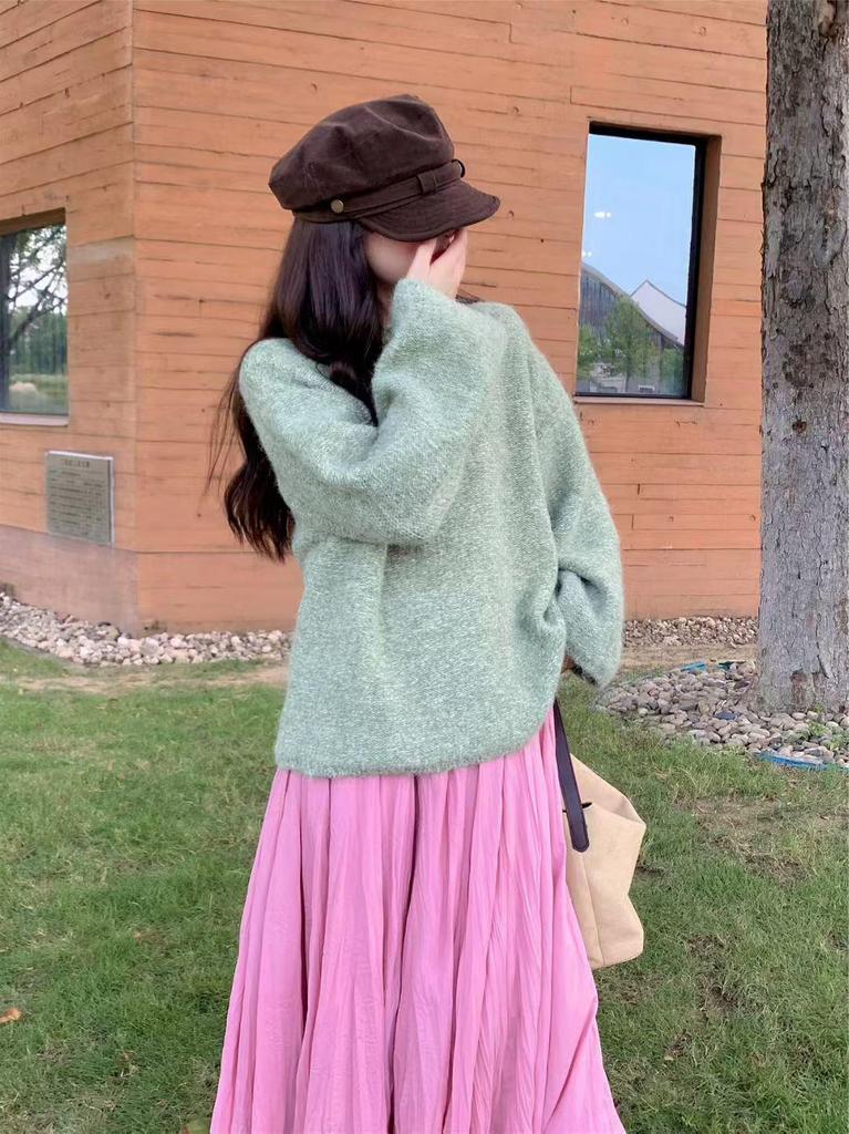 Korean Style Pink Round Neck Long Sleeve Knit Sweater for Women - Autumn/Winter Loose Warm Top