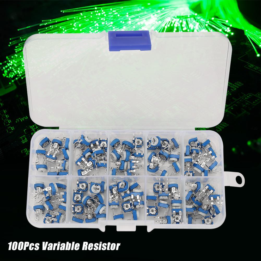 100Pcs 10 Values Blue White Variable Resistor Trimmer Pot Electronic Component with Box RM065