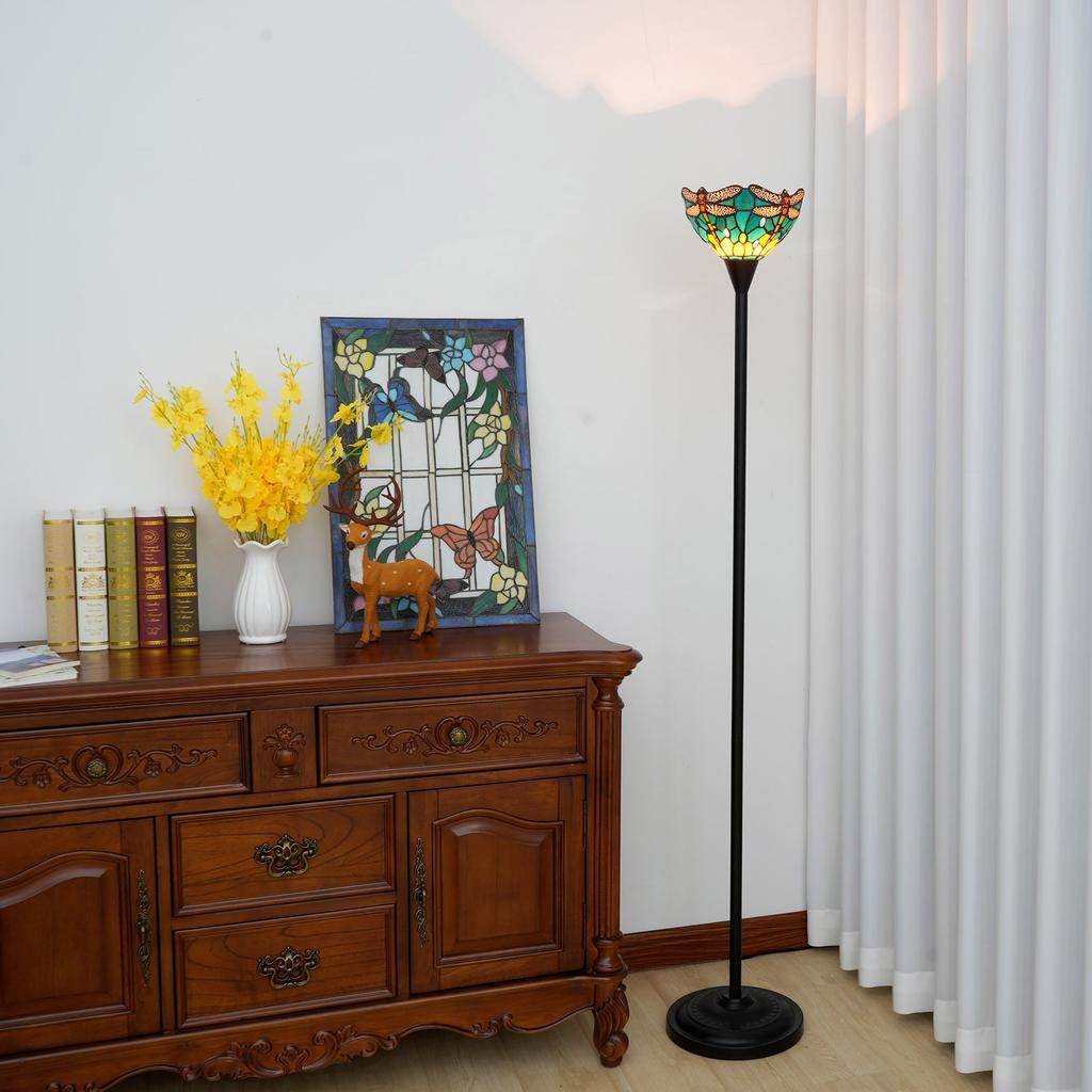Stained Glass Torchiere Floor Lamp Industrial Style Standing Corner Light Antique Handcrafted Pole Floor Reading Uplight Lamp