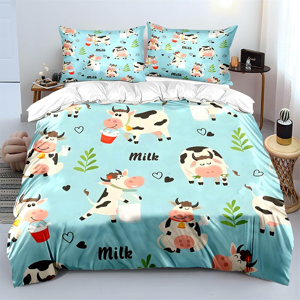 3PCS Cartoon Cows with Milk Pattern Duvet Cover Set Digital Print Colorful Polyester Bedding with Zipper Closur for Kids Gifts