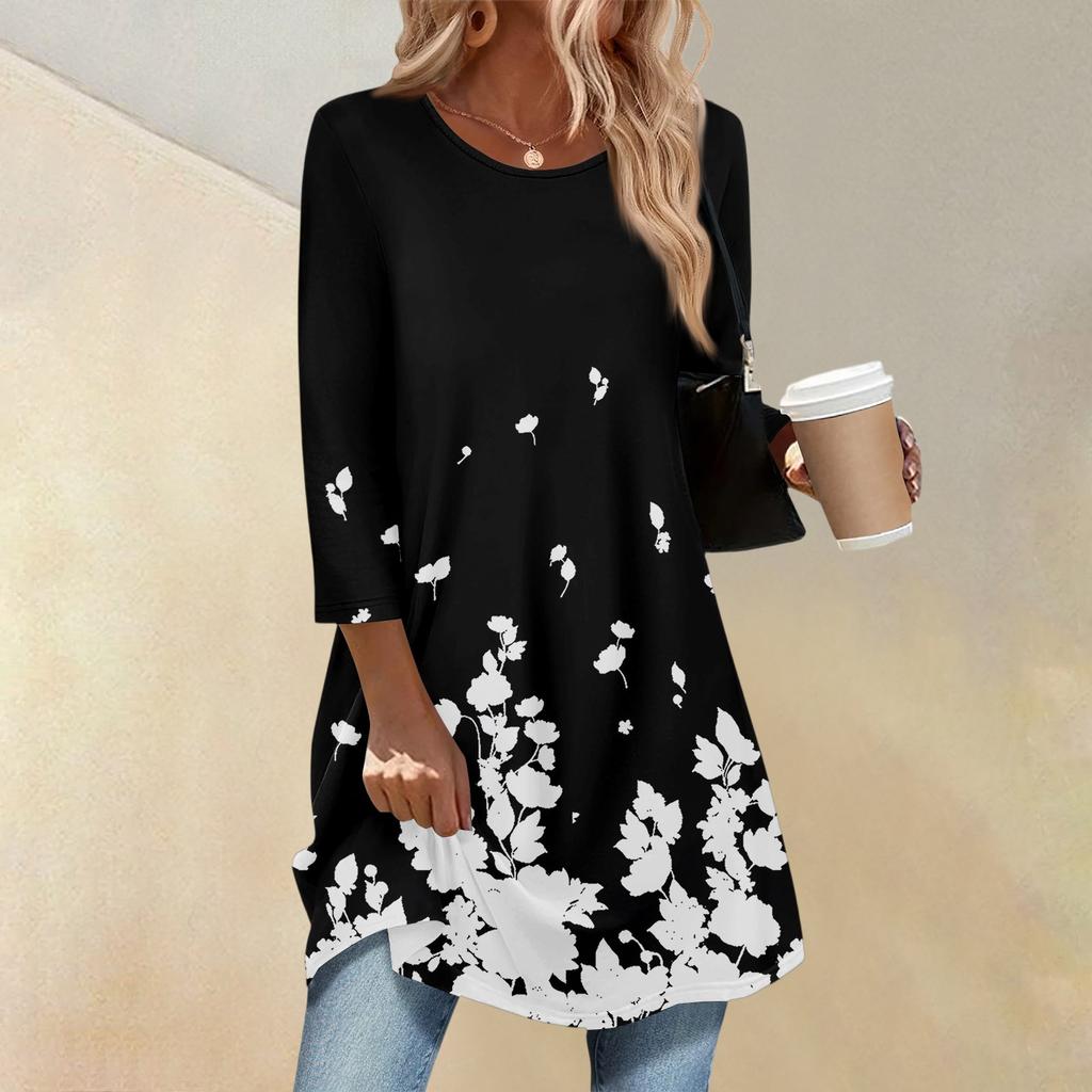 Dame Mote Casual Trekvartsermet Lang Blomstermønstret Rundhals Topp