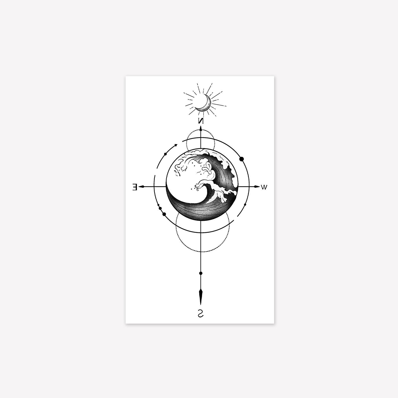 Wind Simple And Dark Is The Personality Of The Sun And Moon Compass Lines Wave Totem Tattoo Stickers 9*15