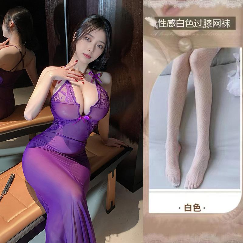 Sexy lingerie sexy perspective long dress female deep v suspender flirting seduction bed dating pure lust passion