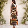 Women Plus Size Sleeveless Keyhole Neck A Line Long Dress Halloween Raccoon Pumpkin Print