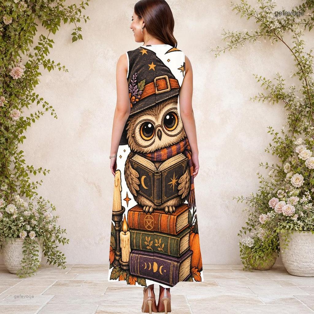 Women Plus Size Sleeveless Keyhole Neck A Line Long Dress Halloween Raccoon Pumpkin Print