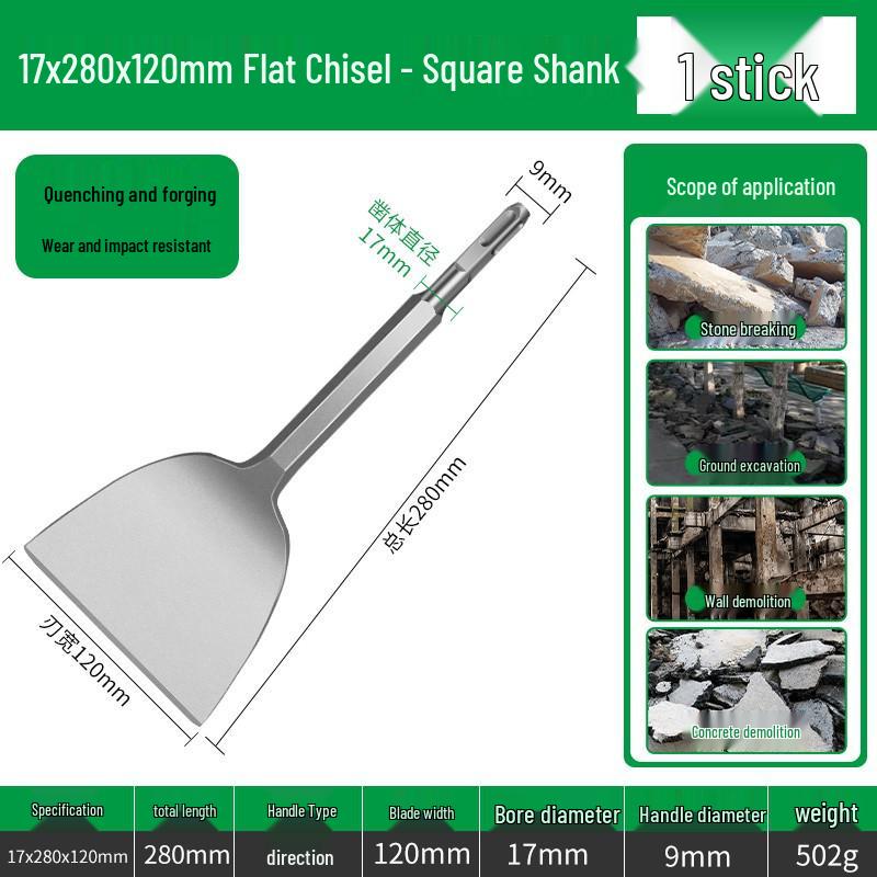 Electric Hammer Drill Bit Set: Square/Round/Hex Shanks, Ultra-Thin Flat/Point Chisel, Shovel, Slotted Wall-Cutting Chisel Head.
