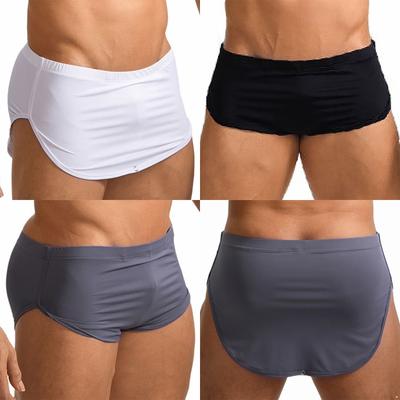 Men Sides Split Boxer Briefs Press Button Crotch Elastic Waistband Quick Drying Athletic Shorts