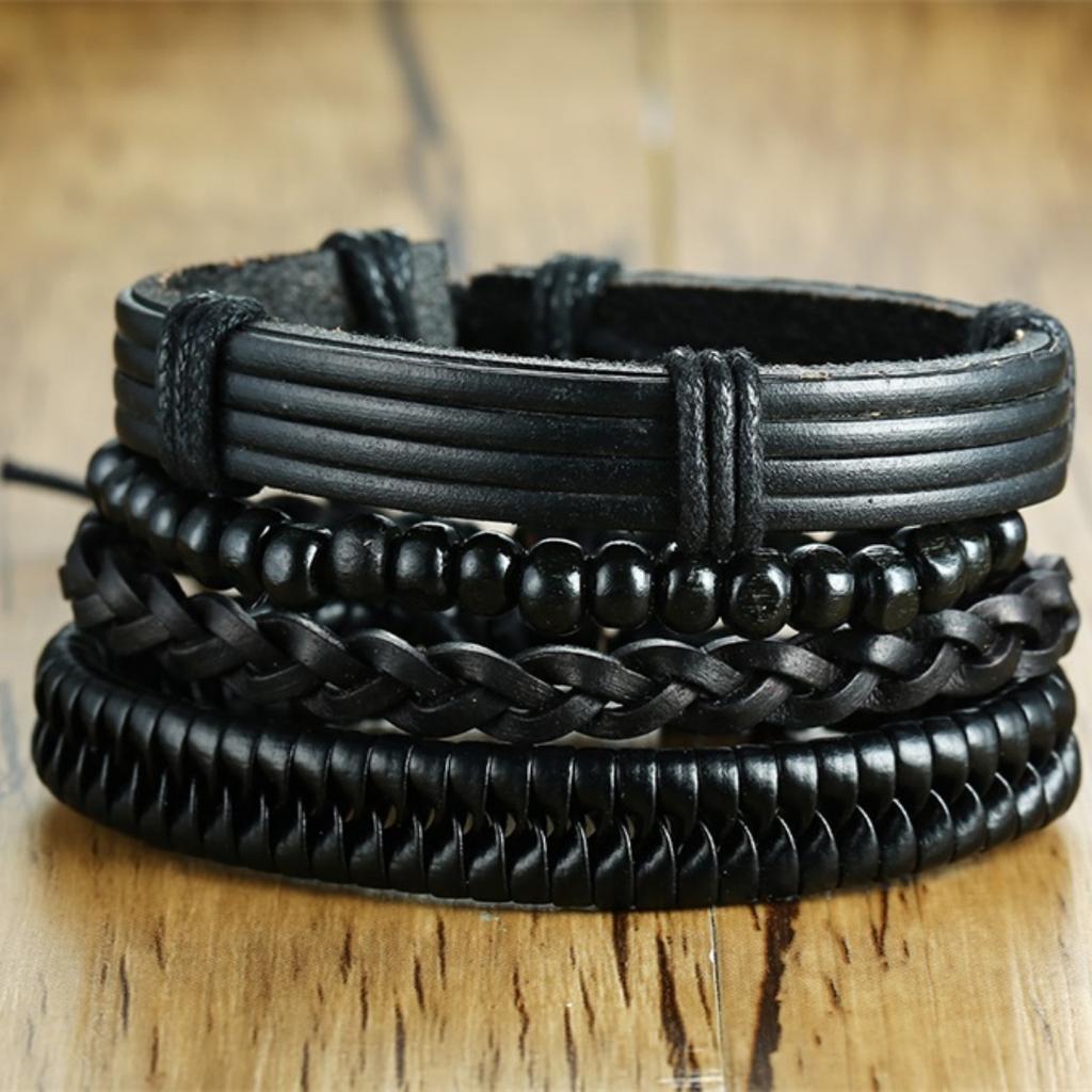 4PCS Fashion Vintage Multi-layer Wooden Beads Trendy Accessories Man's Bracelet Dad Father Boyfriend Valentine's Day Gift