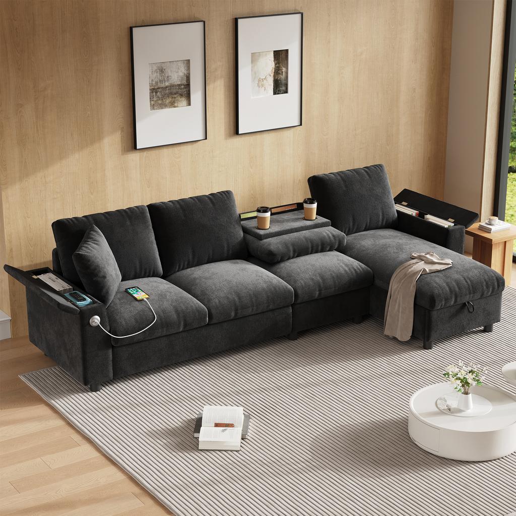 Chenille fabric sofa, L-shaped corner and two armrests with storage space. Fold-out coffee table with two drink holders, 1 USB, 1 Type-C. gray