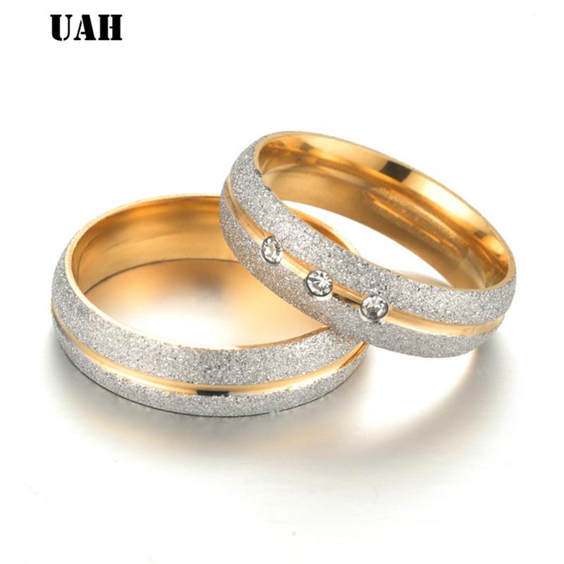 Stainless Steel Wedding Ring Silver Gold Color Simple Design Couple Alliance Ring Crystal Band Ring for Women and Men