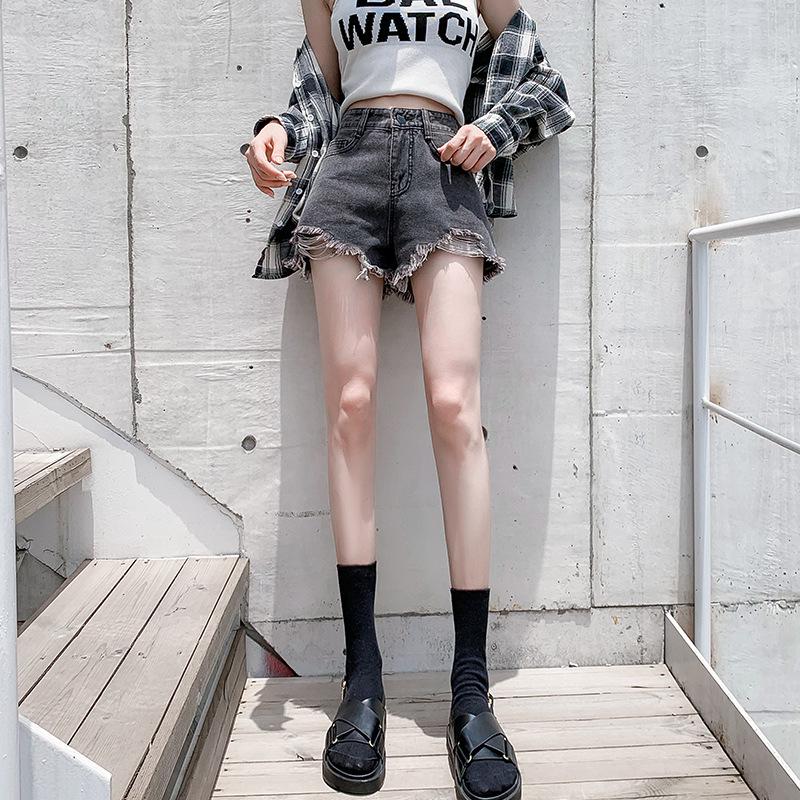 Women's 2021 Summer Ripped Denim A-Line Shorts - Wide Leg, Slimming, Loose Fit, Trendy Hot Pants