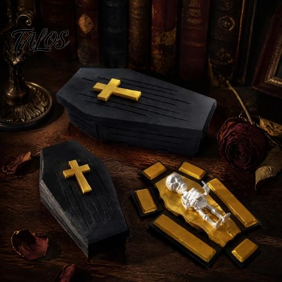 Novelty Desktop Displays 3D Printed Folding Coffins Figurine with Skeleton Ornament, Miniature Articulated Statue, Durable Pla Sculptures Dark Gothic