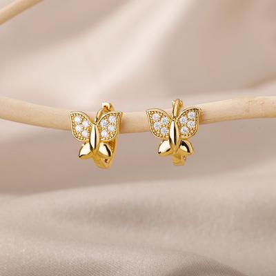 Cubic Zircon Butterlfy Hoop Earrings For Women Girls Gold Color Stainless Steel Earrings Luxury Jewelry Party Gift Pendientes