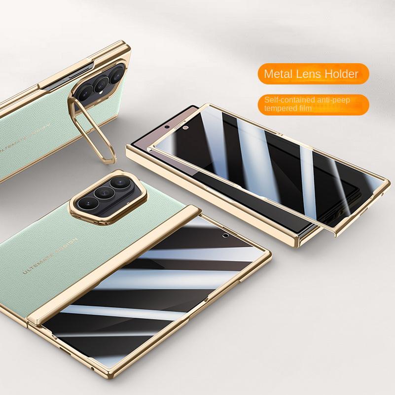 Husă simplă din piele electroplată cu balamale cu arc pentru Samsung Galaxy Z Fold 7, protecție completă din sticlă temperată pentru capacul din spate