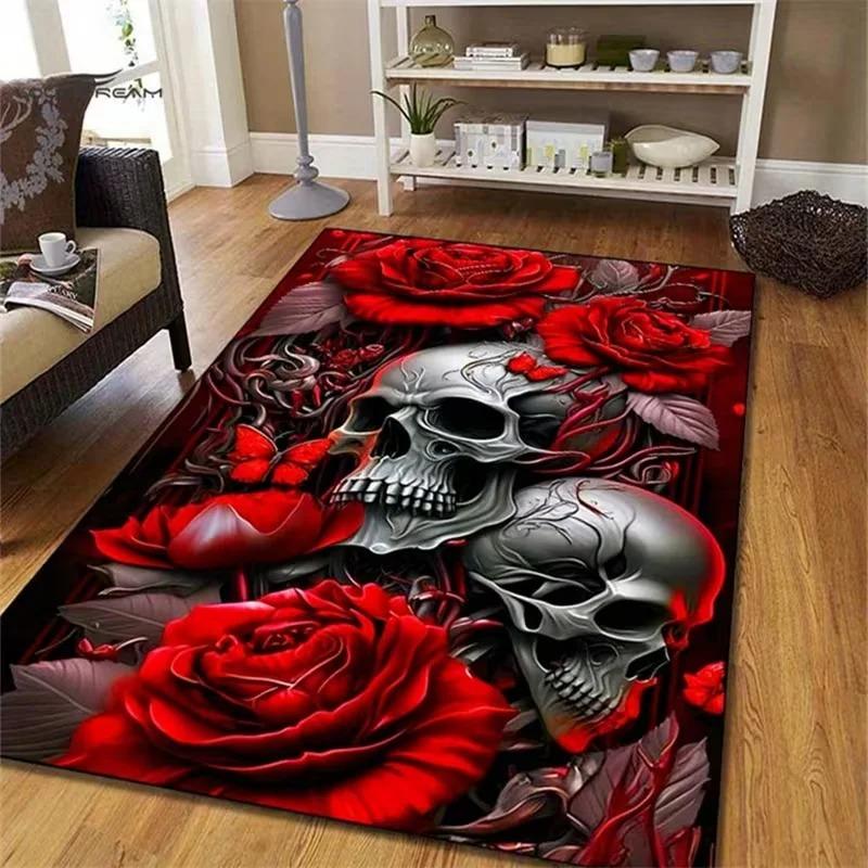 Home Living Room Carpet Gothic Personality Skull Print Floor Mat Non-Slip Foot Mat Flannel Super Soft Living Room Carpet