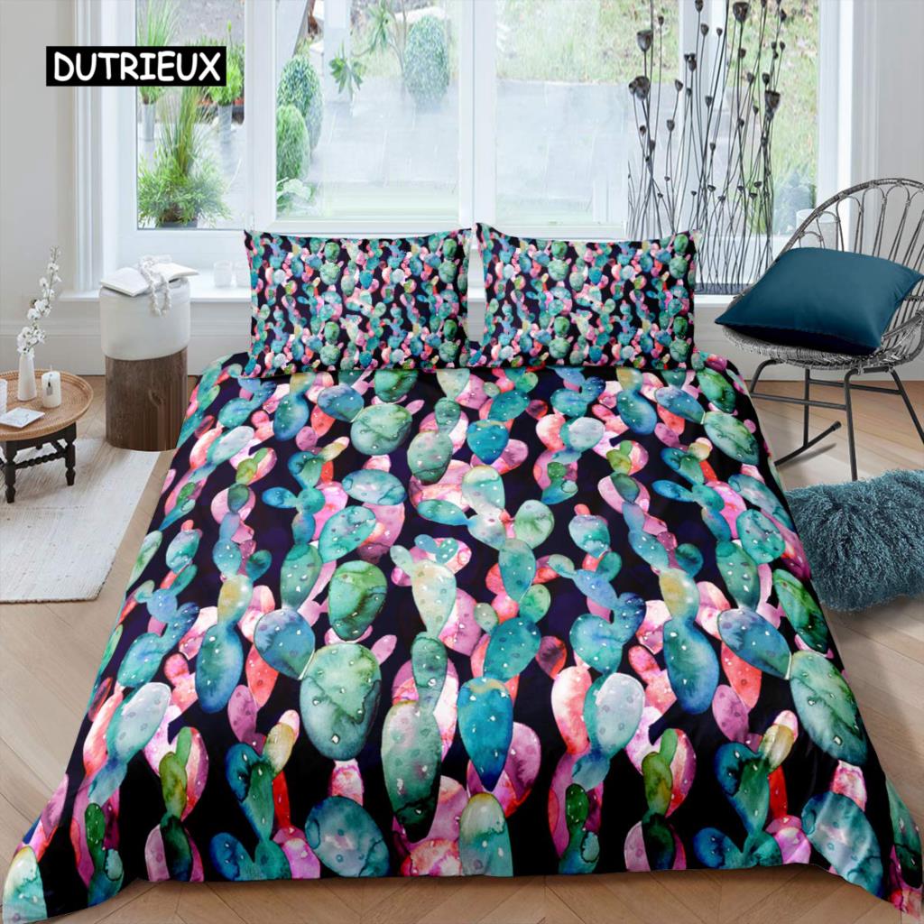 Cactus Duvet Cover Set King Size Hand Painted Style Bedding Set Nature Art Prints Comforter Cover Green Plant Cactus Quilt Cover