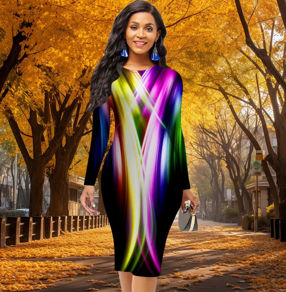 Long Sleeve Waist Tight Office Slim Fit Dopamine Light Printing Elegant Bodycon Dress