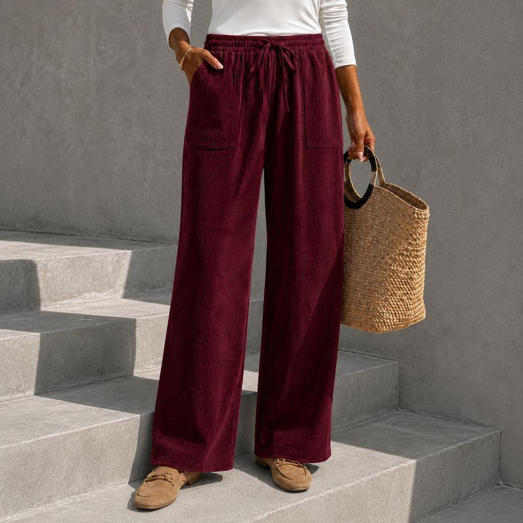 Women Corduroy Wide Leg Pants Elastic Drawstring High Waist Casual Trousers with Pockets Loose Long Pants