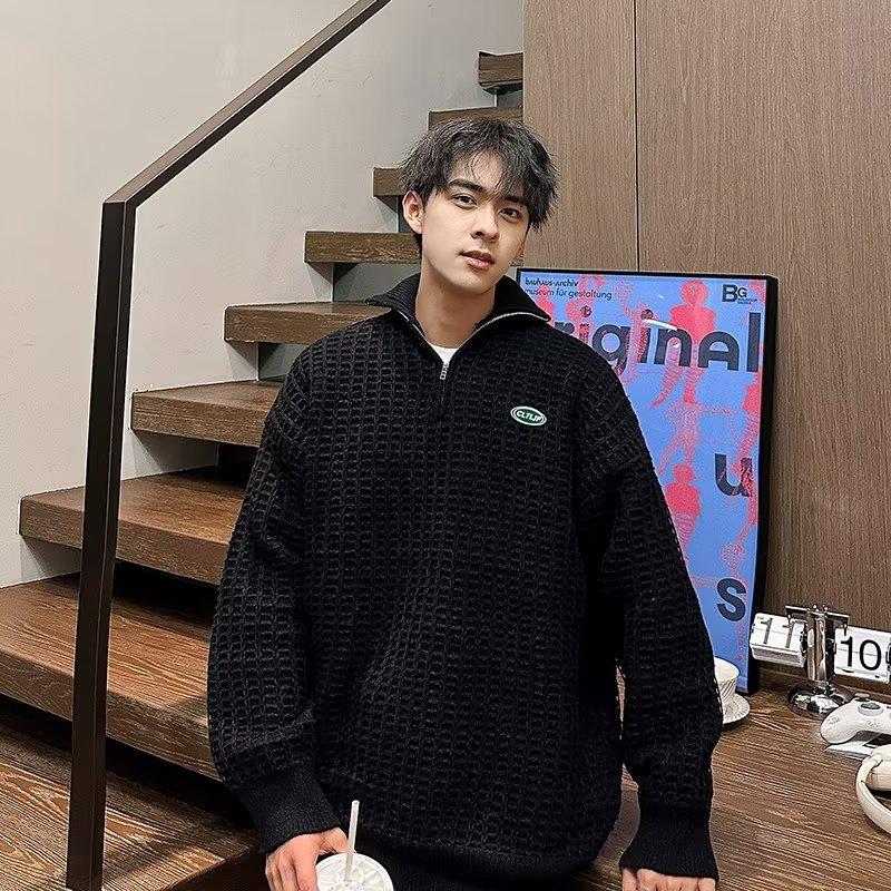 

Мужской свитер с вафельным воротником и полузастежкой-молнией на осень и зиму, свободный, модный, повседневный, ленивый стиль, укороченный свитер 2XL