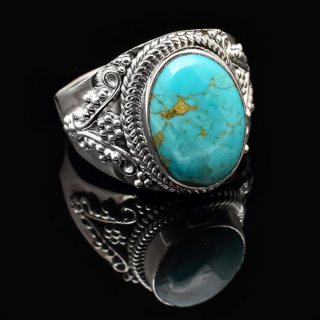 Natural Oval Shape Turquoise Gemstone Solid 925 Sterling Silver Beaded Statement Ring For Women & Girls