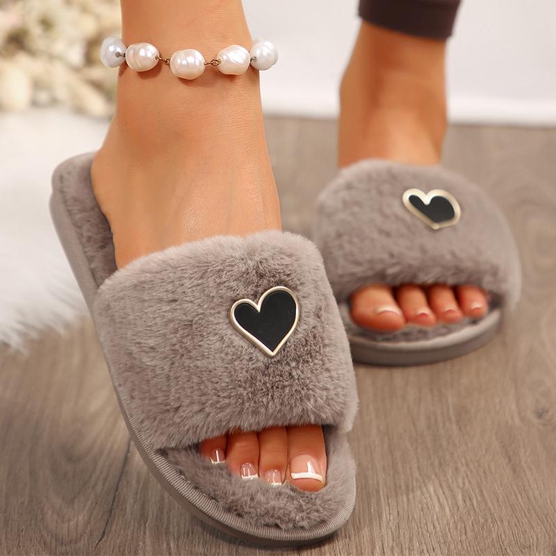 Fashion Black Fur Autumn Winter 2025 Woman Indoor Slippers Heart Shaped Soft Sole Women's Home Slippers Furry Plush Bedroom Slides Shoes