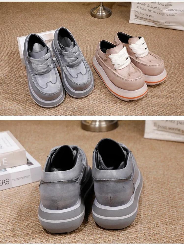 Johnature Genuine Leather Thick Soled Height Increasing Shoes Retro Lace Up Versatile High-heeled Pumps