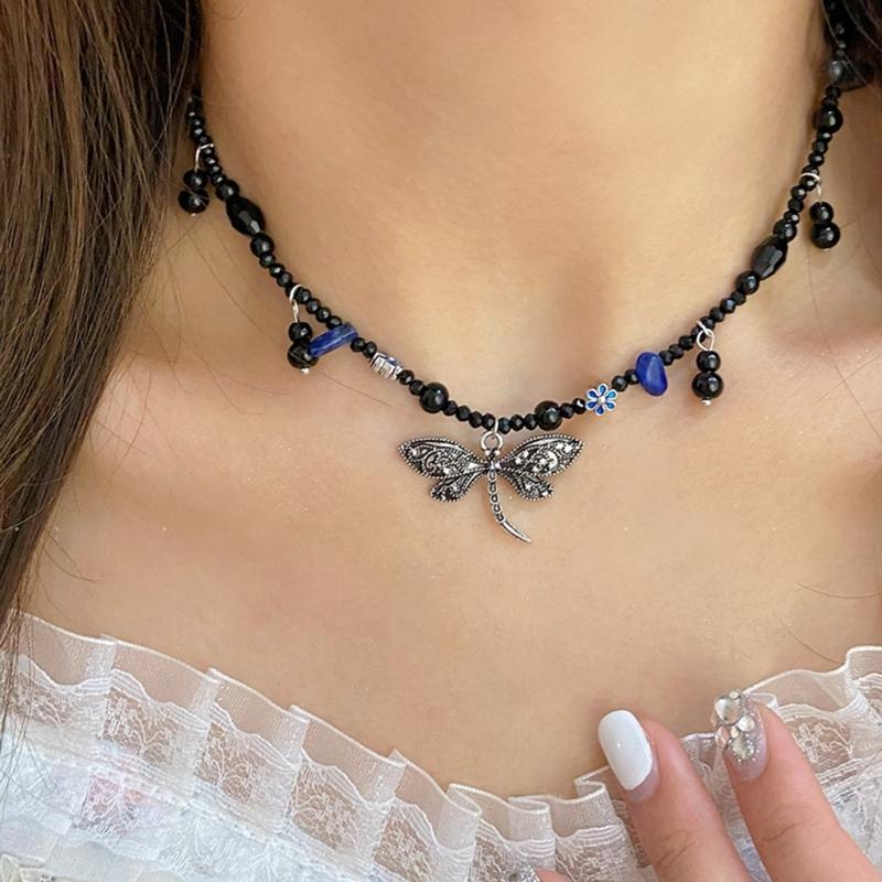 Fashion Metal Dragonflies Pendant Necklace Y2K Black Beads Chain Statement Choker Necklace for Women Club Punk Jewelry