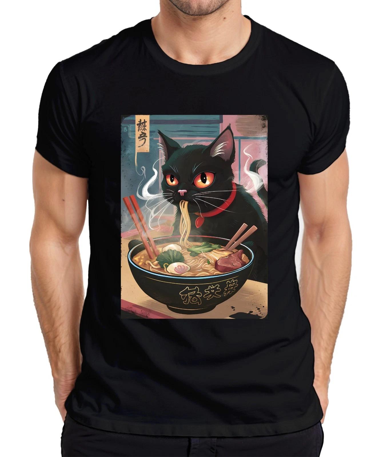 Schwarze Katze Ramen Nudelsuppe Japanisch Kawaii Anime Neko Chibi Herren T-Shirt XS