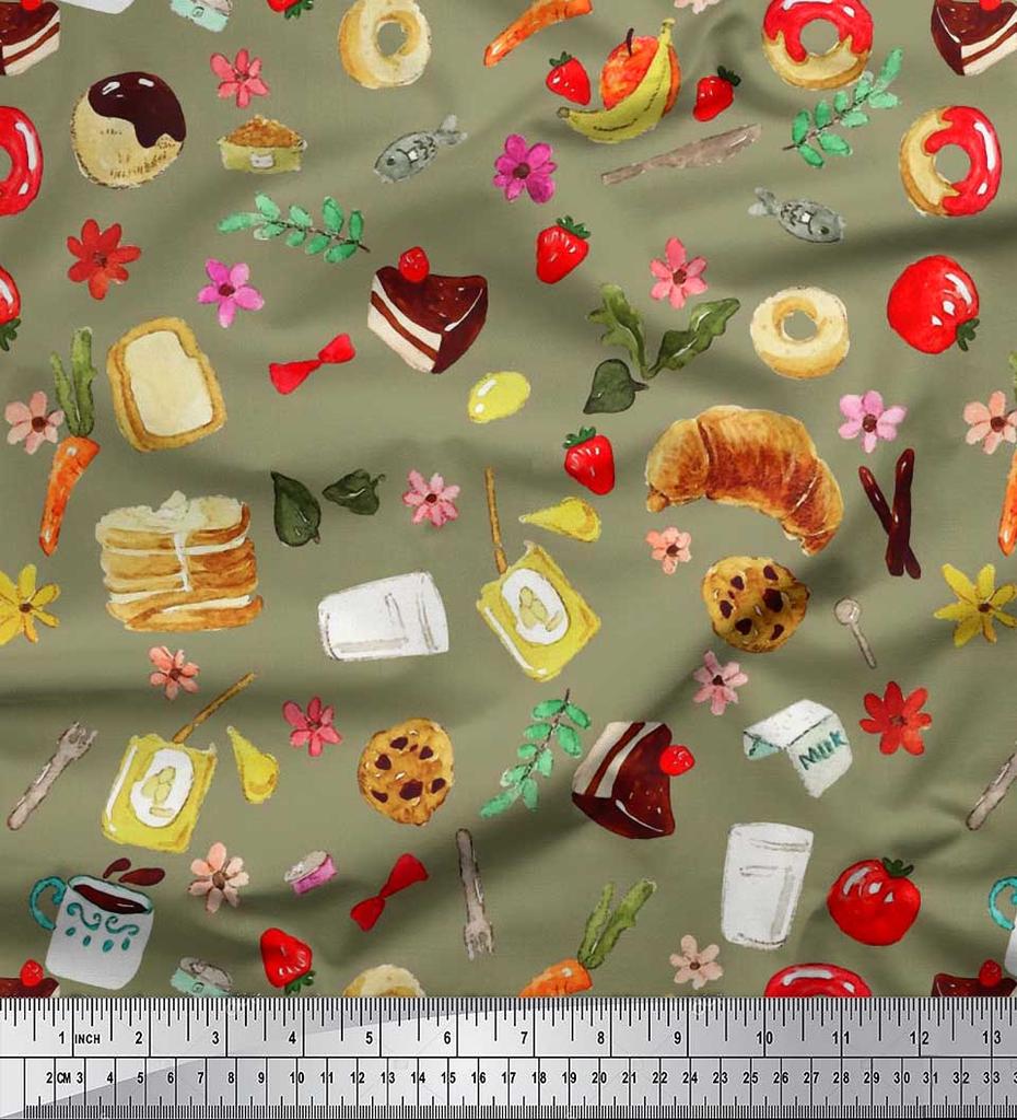 Soimoi Japan Crepe Satin Fabric Fruits,Bread & Donut Food Decor Fabric Printed metre 42 Inch