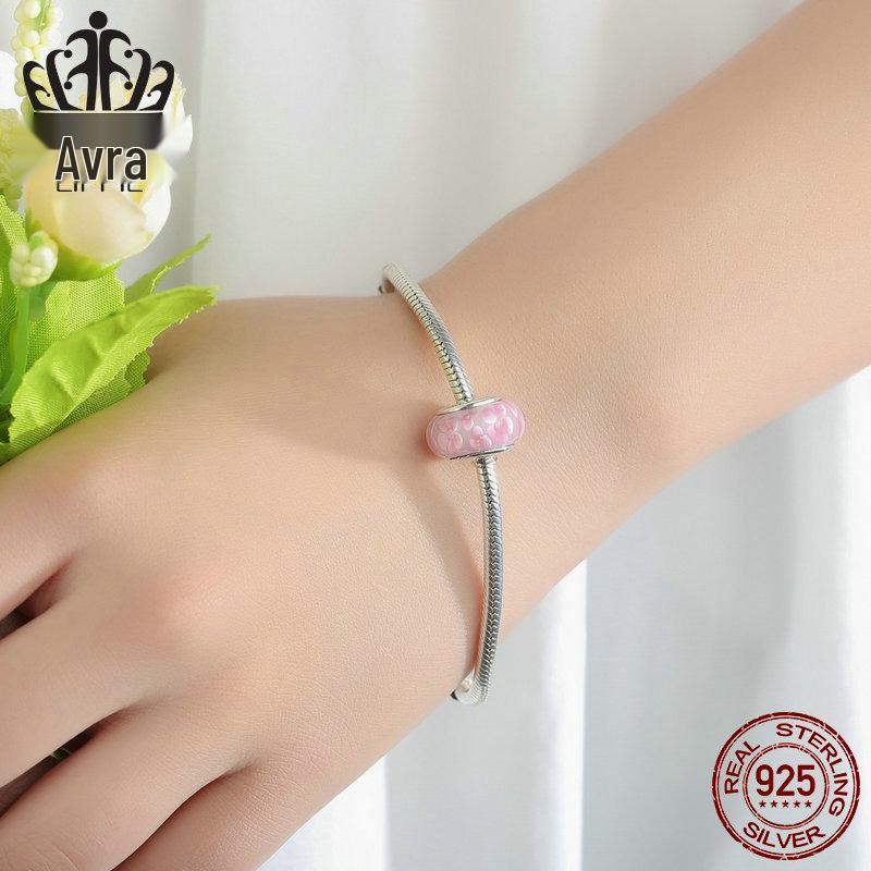 Sterling Silver S925 Pink Flower Lampwork Beads for DIY Bracelets, Versatile Style - SCZ008.