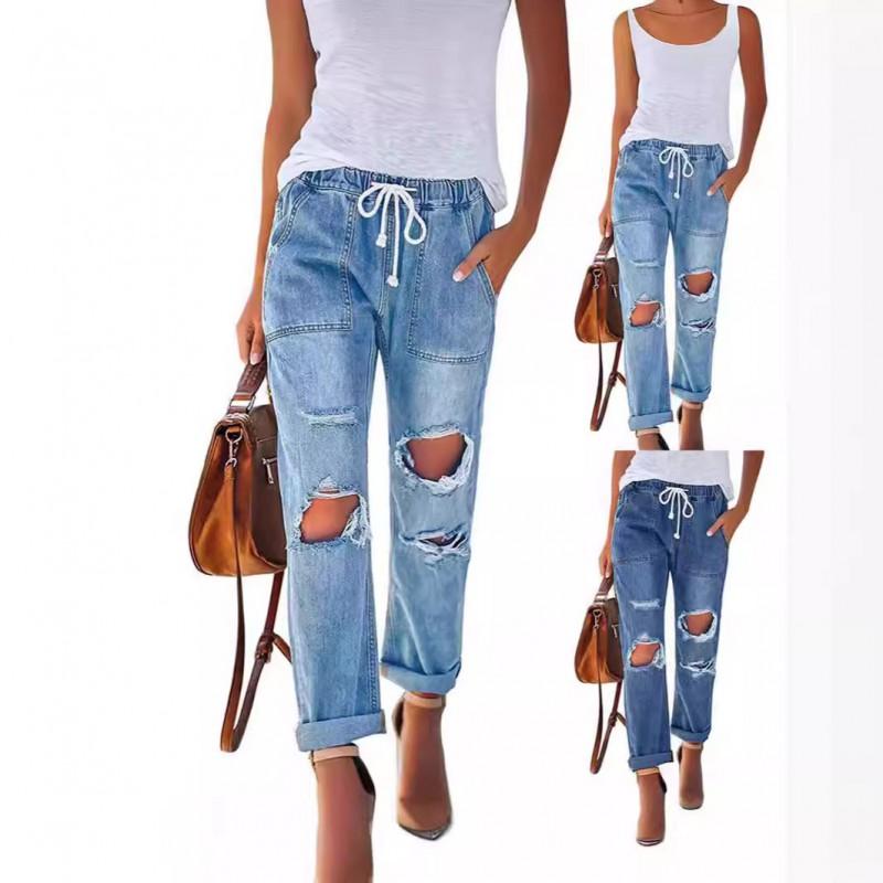 Womens High Waist Straight Leg Jeans Distressed Ripped Denim Pants Casual Daily Wear
