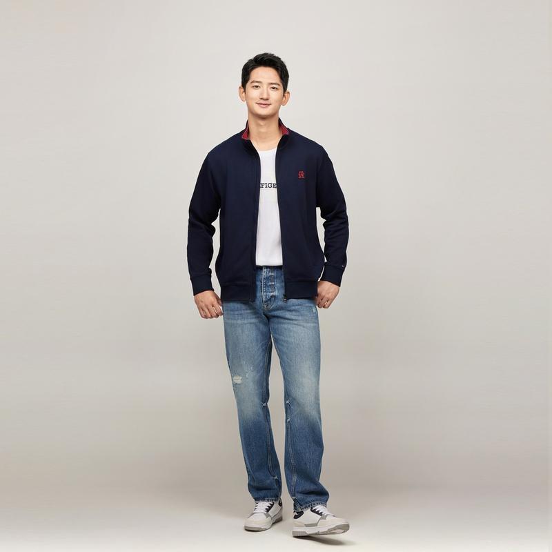 Tommy Hilfiger Sports Sun Protection Casual Embroidered Stand Collar Heavyweight Cardigan Sweatshirt Men sweatshirt Navy-Blue MW0MW36246