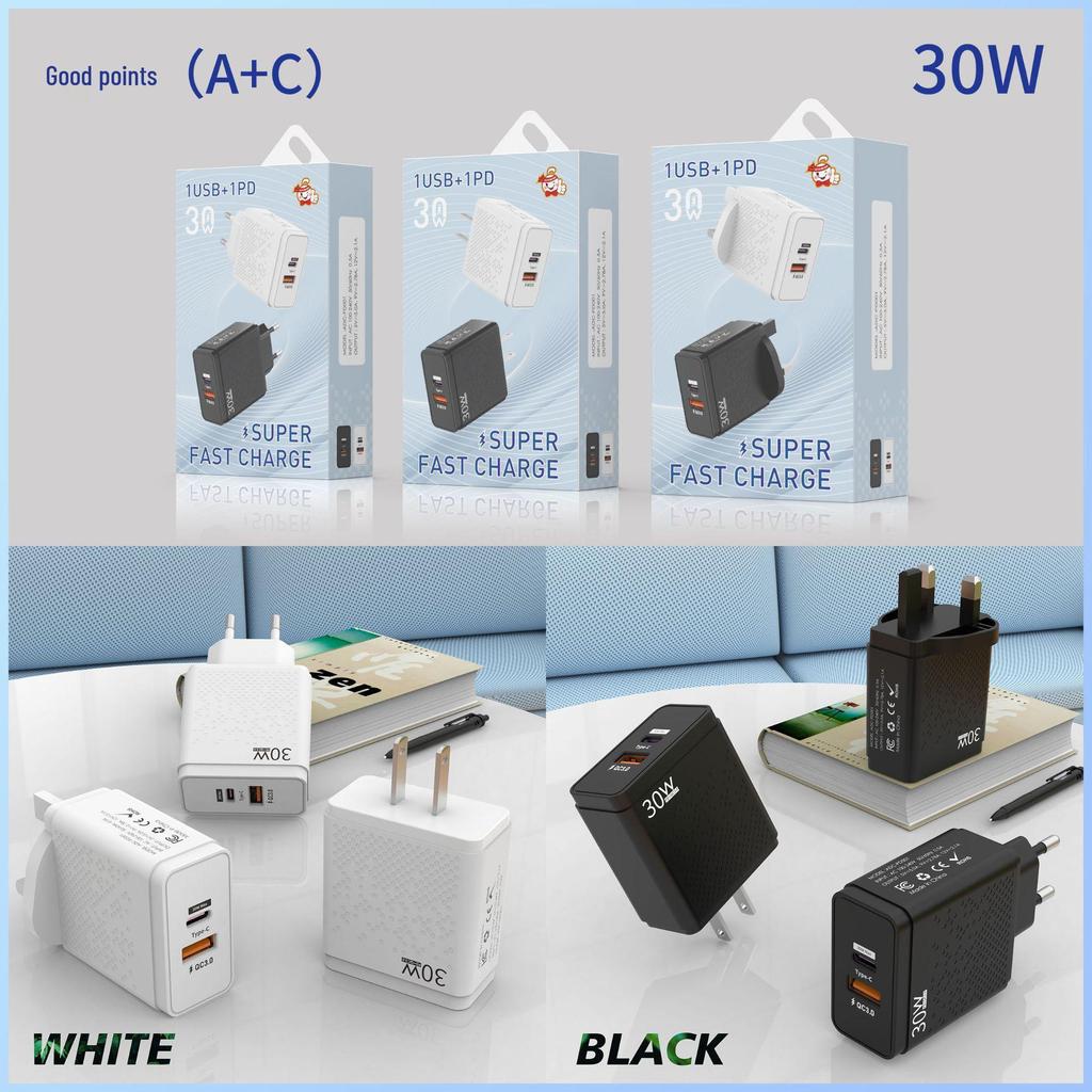 30W Fast Charger for Mobile Phone and Laptop - PD+USB, EU/US/UK Standard