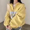 Korean Chic Spring Color Block Stand-Up Collar Letter Print Loose Long Sleeve Sweatshirt for Women