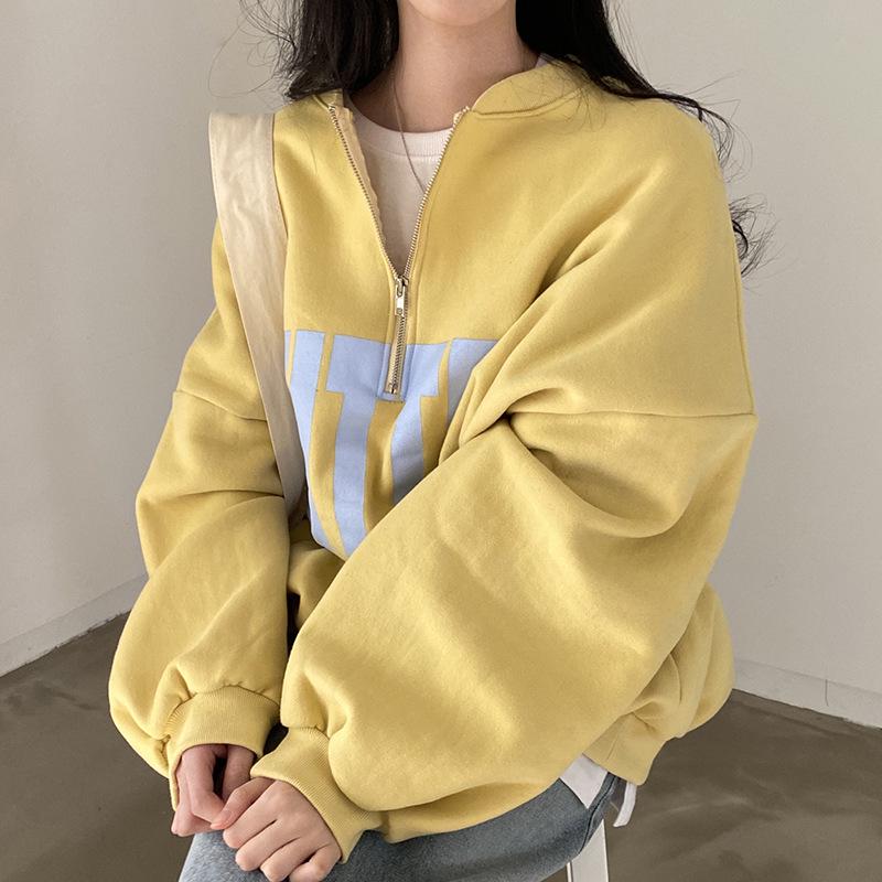 Korean Chic Spring Color Block Stand-Up Collar Letter Print Loose Long Sleeve Sweatshirt for Women