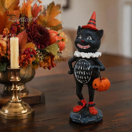 Retro Distressed Ornaments Wooden Halloween Resin Figurines, Pumpkin Scarecrow Wizard Owl Black Cat Tabletop Decorations Statue, Rustic Desktop