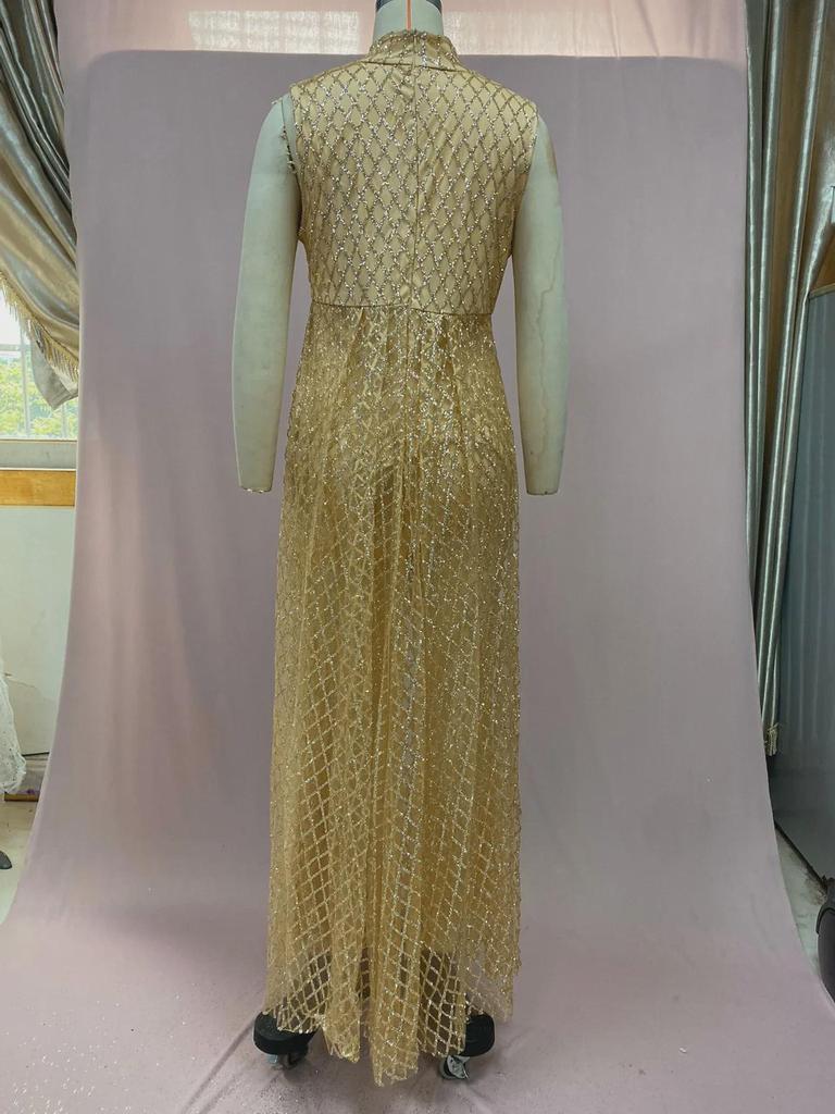 2025 European & American Women's V-Neck Gold Stamped Maxi Dress with Slit