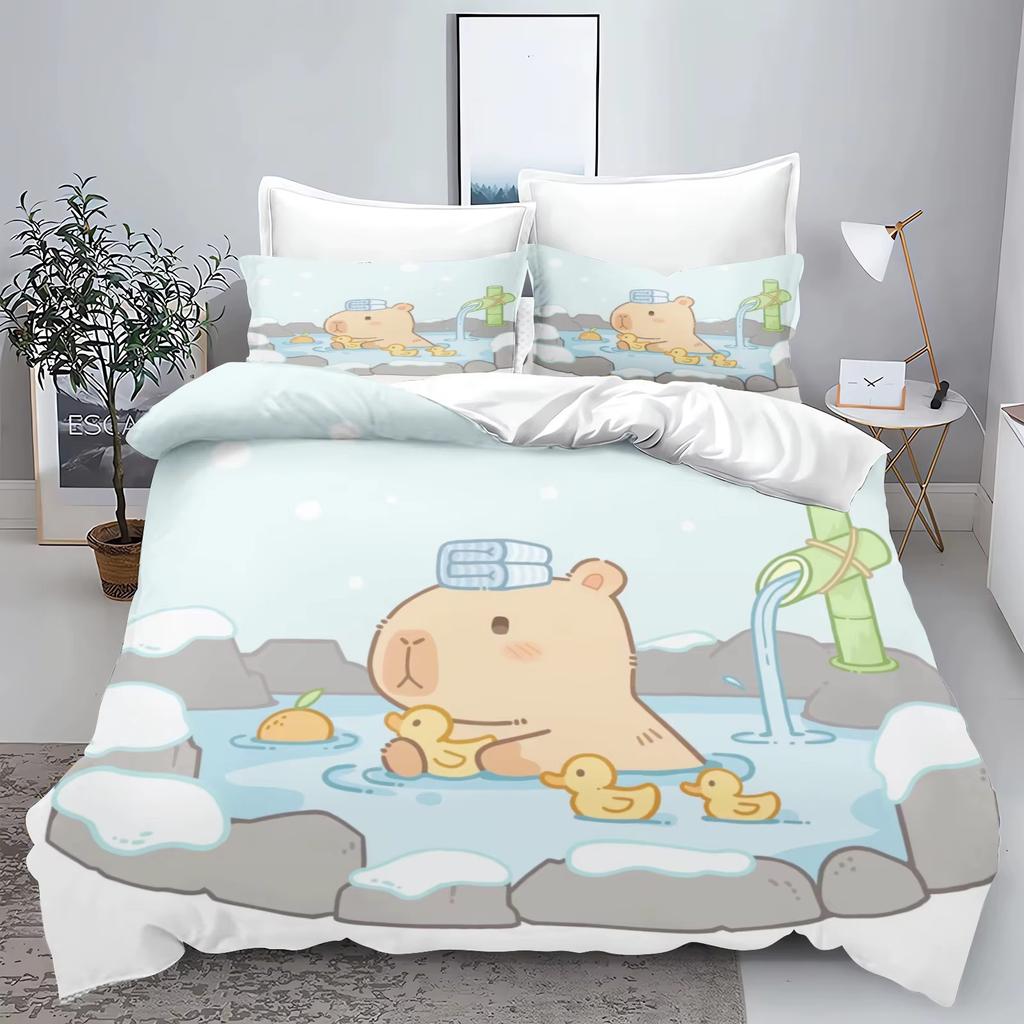 Cartoon Capybara 3D Printed Bedding Set Children's Duvet Cover Pillow Case Set Anime 100_ Polyester Cute Cartoon Home Decoration